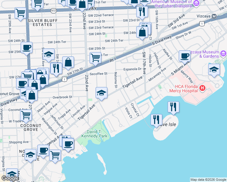 map of restaurants, bars, coffee shops, grocery stores, and more near 1905 Tigertail Avenue in Miami