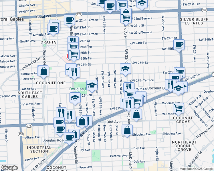 map of restaurants, bars, coffee shops, grocery stores, and more near 2746 Southwest 33rd Court in Miami