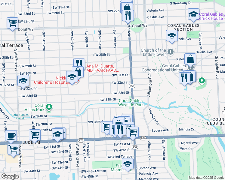 map of restaurants, bars, coffee shops, grocery stores, and more near 5801 Southwest 33rd Street in Miami