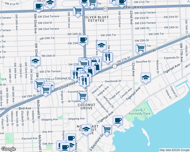 map of restaurants, bars, coffee shops, grocery stores, and more near 2551 Southwest 27th Lane in Miami