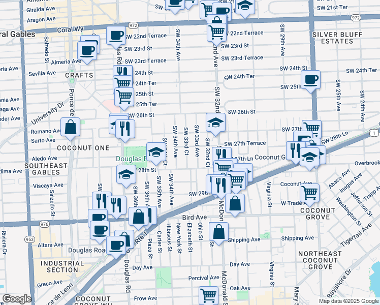 map of restaurants, bars, coffee shops, grocery stores, and more near 2773 Southwest 33rd Court in Miami