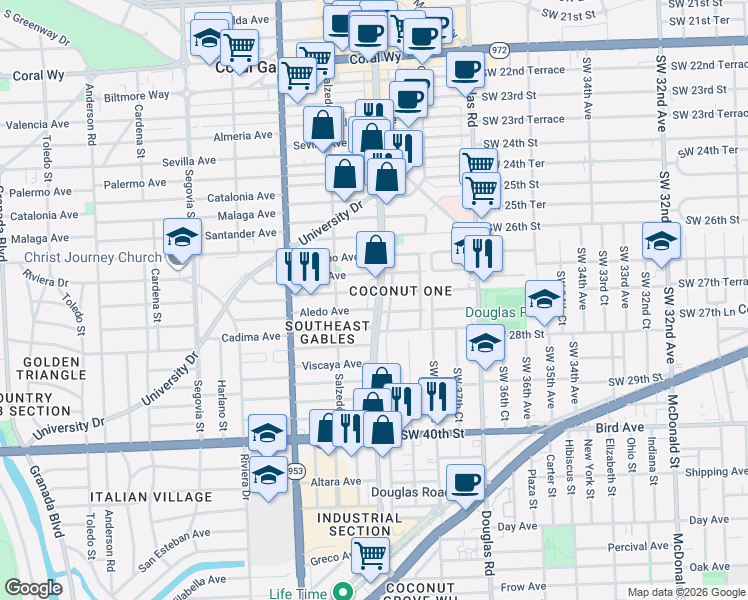 map of restaurants, bars, coffee shops, grocery stores, and more near 221 Aledo Avenue in Coral Gables