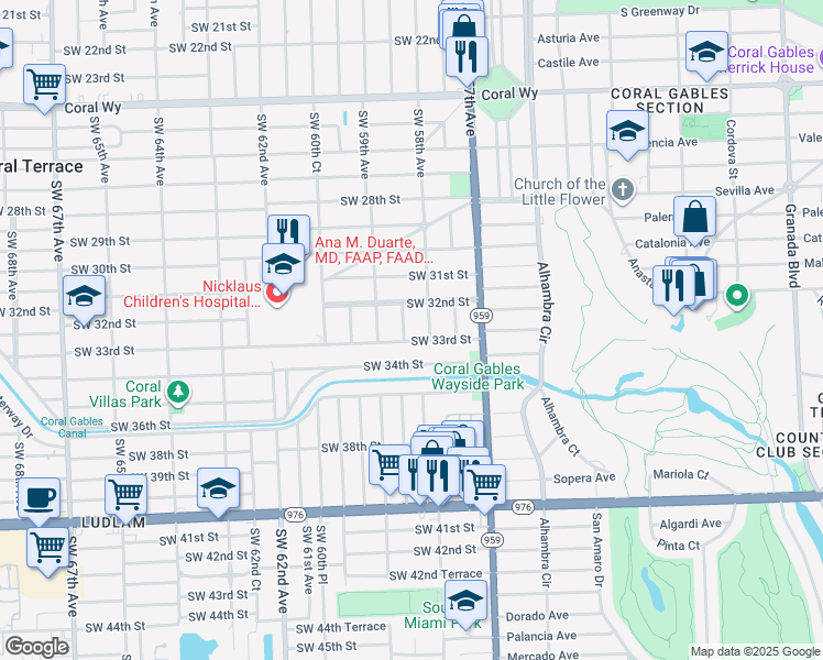 map of restaurants, bars, coffee shops, grocery stores, and more near 5801 Southwest 33rd Street in Miami