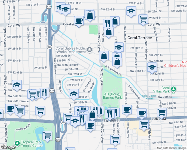 map of restaurants, bars, coffee shops, grocery stores, and more near 3241 South Lake Drive in Miami