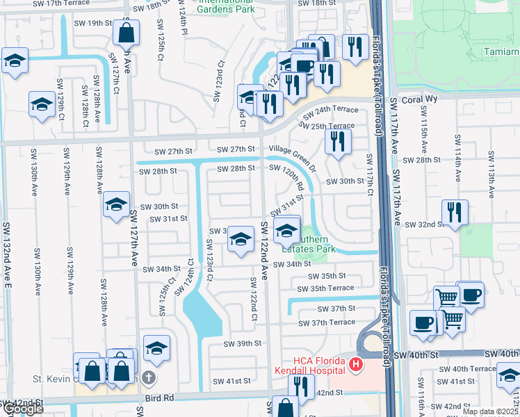 map of restaurants, bars, coffee shops, grocery stores, and more near 3031 Southwest 122nd Court in Miami