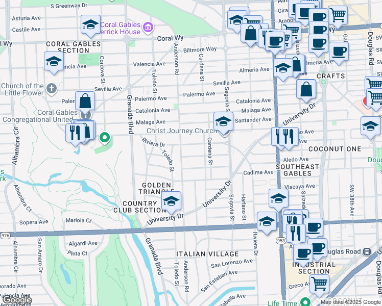 map of restaurants, bars, coffee shops, grocery stores, and more near 737 Camilo Avenue in Coral Gables