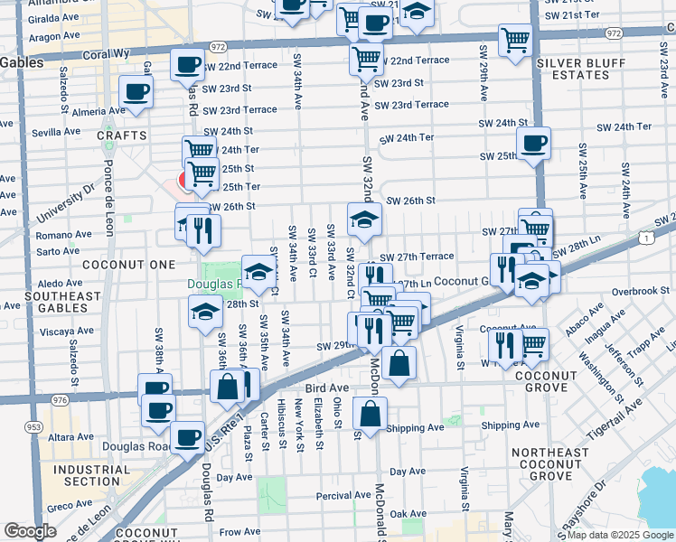 map of restaurants, bars, coffee shops, grocery stores, and more near 2760 Southwest 32nd Court in Miami