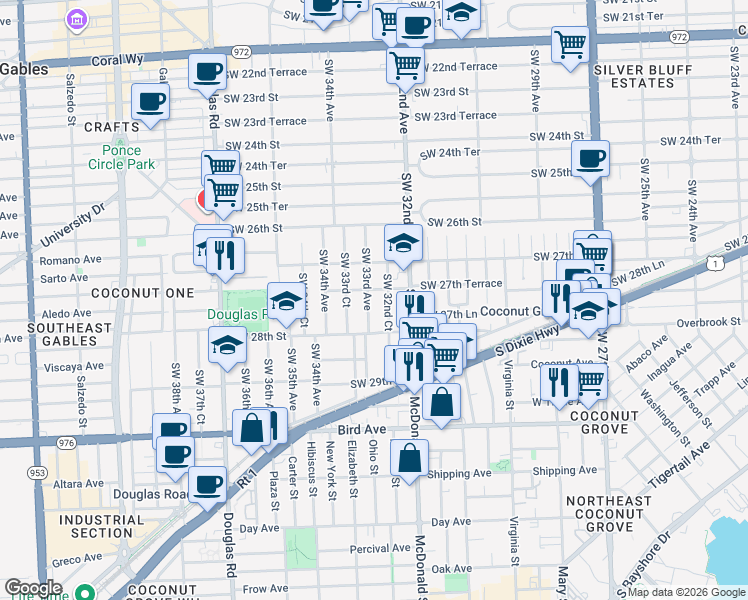 map of restaurants, bars, coffee shops, grocery stores, and more near 2760 Southwest 32nd Court in Miami
