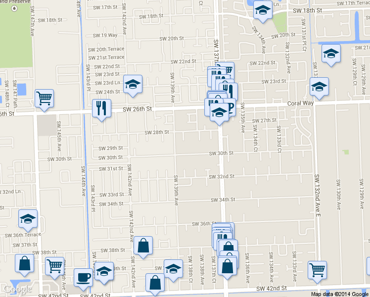 map of restaurants, bars, coffee shops, grocery stores, and more near 13851 Southwest 30th Street in Miami
