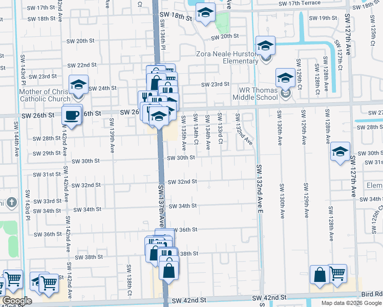 map of restaurants, bars, coffee shops, grocery stores, and more near 13473 Southwest 30th Street in Miami