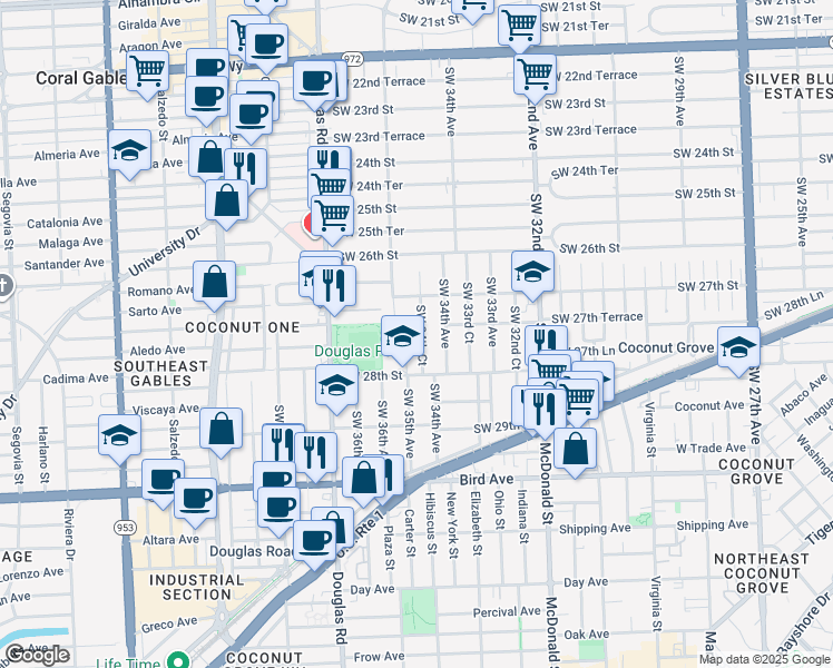 map of restaurants, bars, coffee shops, grocery stores, and more near 3501 Southwest 28th Street in Miami