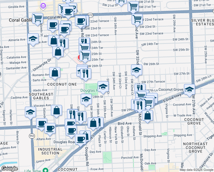 map of restaurants, bars, coffee shops, grocery stores, and more near 3501 Southwest 28th Street in Miami