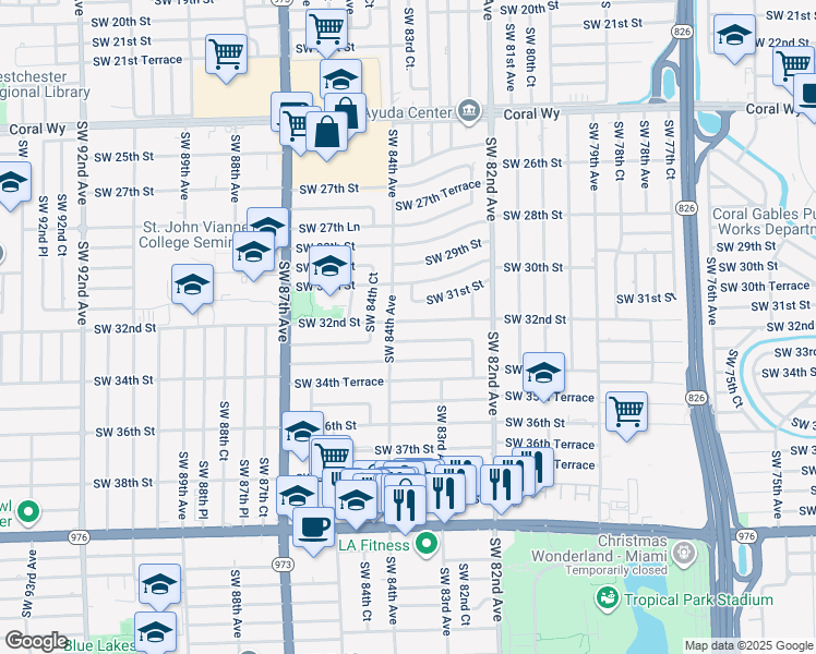 map of restaurants, bars, coffee shops, grocery stores, and more near 8351 Southwest 32nd Terrace in Miami