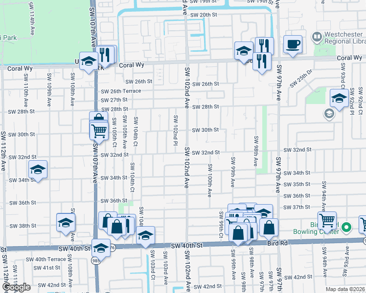 map of restaurants, bars, coffee shops, grocery stores, and more near 3121 Southwest 102nd Avenue in Miami