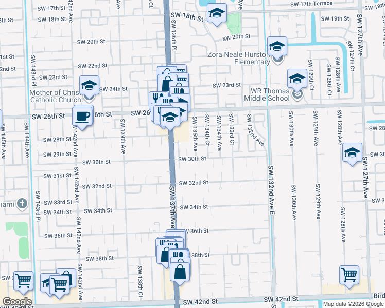map of restaurants, bars, coffee shops, grocery stores, and more near 2991 Southwest 136th Court in Miami