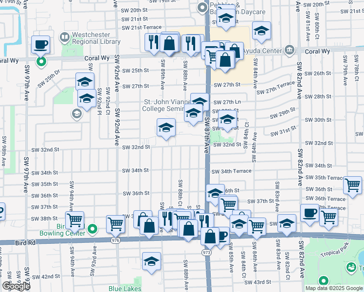 map of restaurants, bars, coffee shops, grocery stores, and more near 8810 Southwest 32nd Street in Miami
