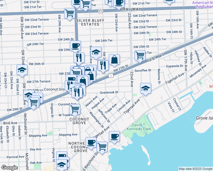 map of restaurants, bars, coffee shops, grocery stores, and more near 2394 Tequesta Lane in Miami