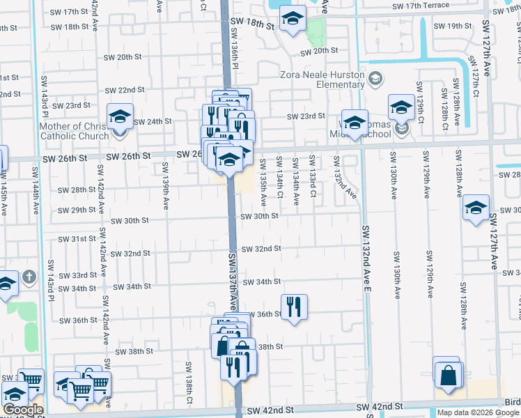 map of restaurants, bars, coffee shops, grocery stores, and more near 2991 Southwest 136th Court in Miami