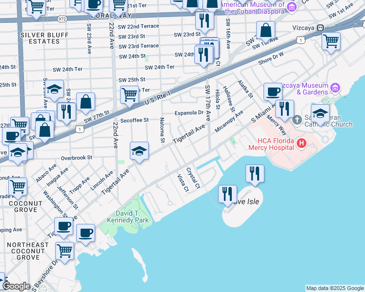 map of restaurants, bars, coffee shops, grocery stores, and more near 3230 Crystal Court in Miami