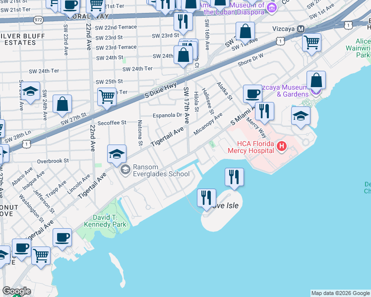 map of restaurants, bars, coffee shops, grocery stores, and more near 1701 South Bayshore Drive in Miami