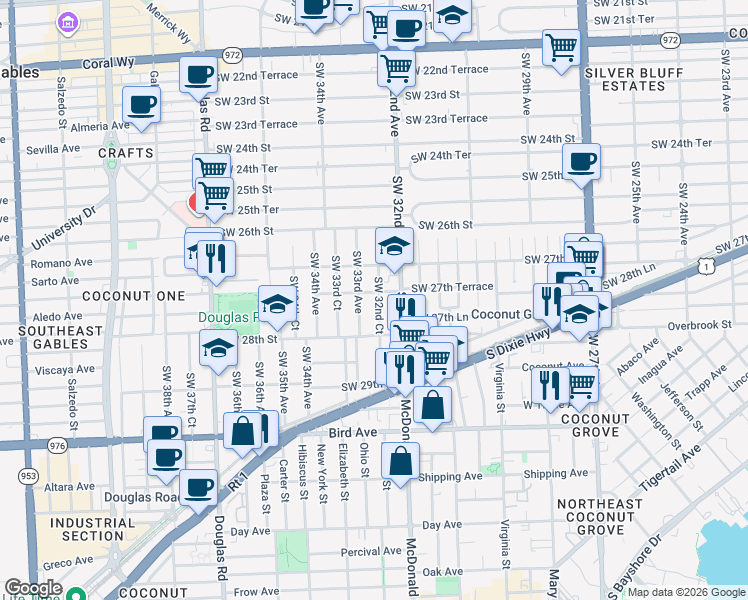 map of restaurants, bars, coffee shops, grocery stores, and more near 2760 Southwest 32nd Court in Miami