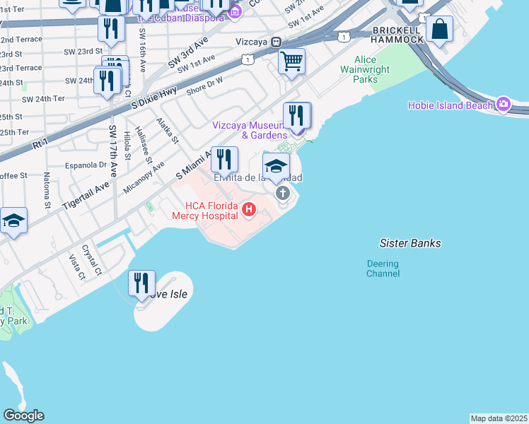 map of restaurants, bars, coffee shops, grocery stores, and more near 3663 South Miami Avenue in Miami