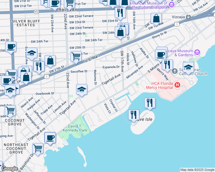 map of restaurants, bars, coffee shops, grocery stores, and more near 3230 Crystal Court in Miami