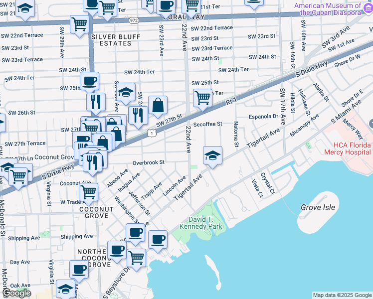 map of restaurants, bars, coffee shops, grocery stores, and more near 2220 Tequesta Lane in Miami