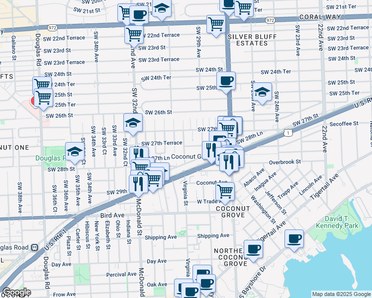 map of restaurants, bars, coffee shops, grocery stores, and more near 3041 Southwest 27th Lane in Miami
