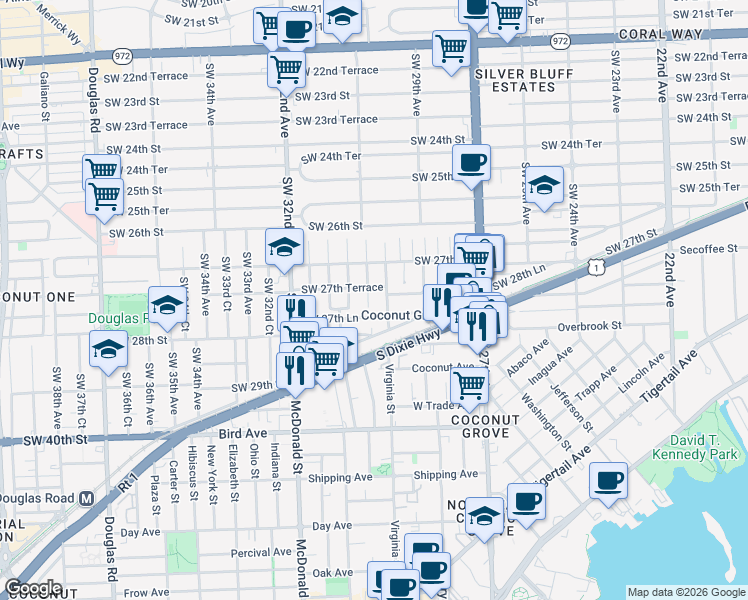map of restaurants, bars, coffee shops, grocery stores, and more near 3041 Southwest 27th Lane in Miami