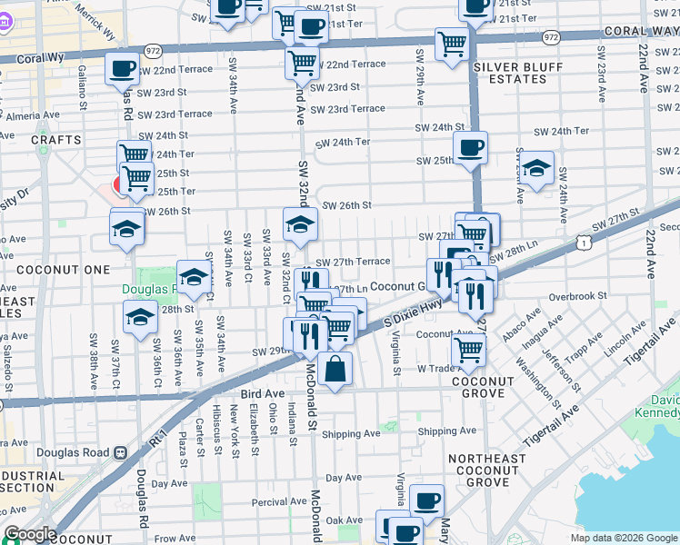 map of restaurants, bars, coffee shops, grocery stores, and more near 3101 Southwest 27th Lane in Miami
