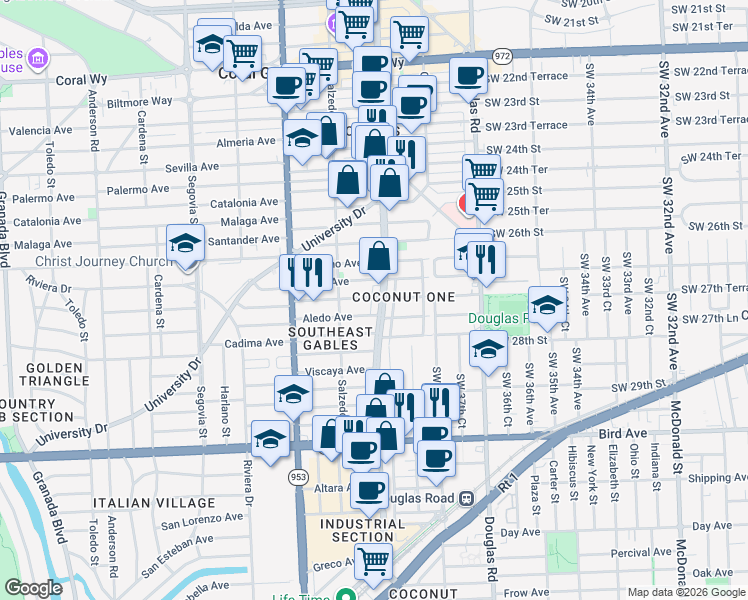 map of restaurants, bars, coffee shops, grocery stores, and more near 221 Aledo Avenue in Coral Gables
