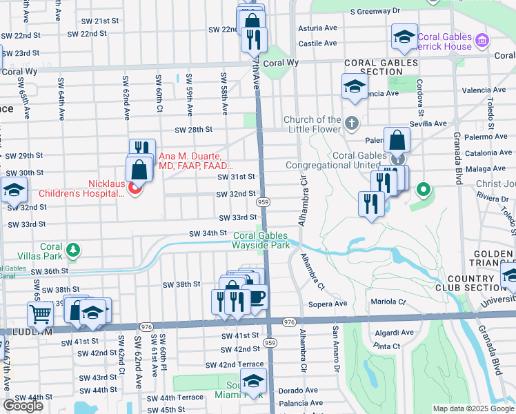 map of restaurants, bars, coffee shops, grocery stores, and more near 5725 Southwest 33rd Street in Miami