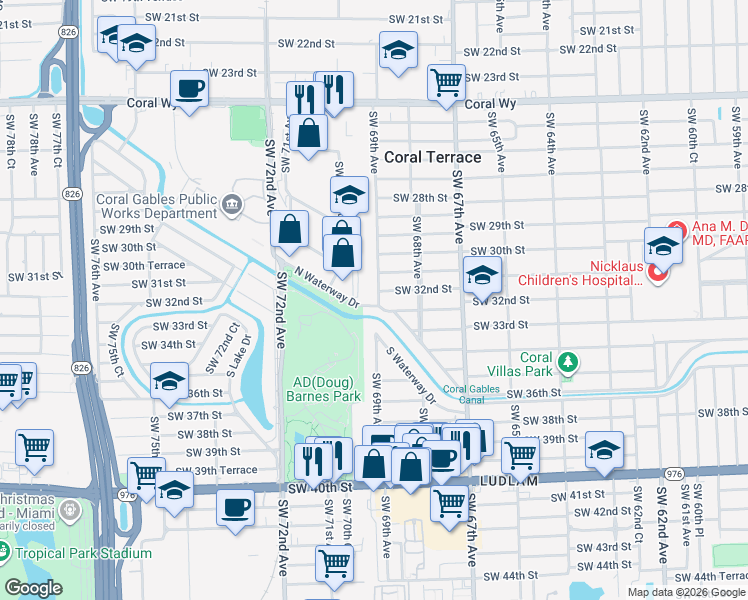 map of restaurants, bars, coffee shops, grocery stores, and more near 6900 North Waterway Drive in Miami