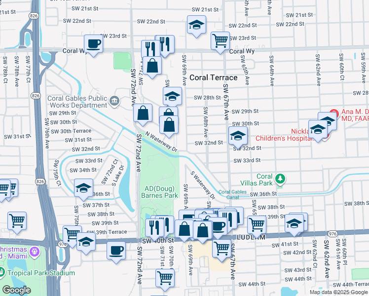 map of restaurants, bars, coffee shops, grocery stores, and more near 6900 North Waterway Drive in Miami