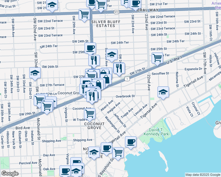 map of restaurants, bars, coffee shops, grocery stores, and more near 2491 Tequesta Lane in Miami