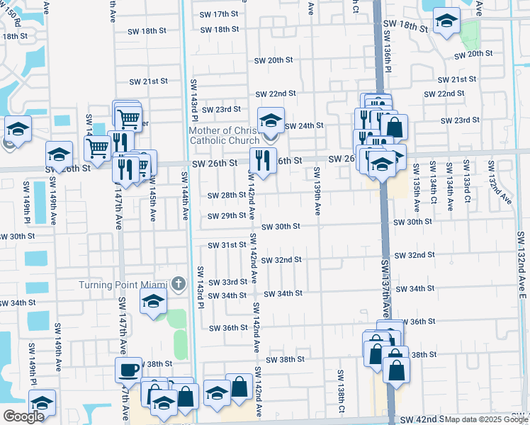 map of restaurants, bars, coffee shops, grocery stores, and more near 2960 Southwest 142nd Court in Miami