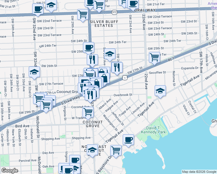 map of restaurants, bars, coffee shops, grocery stores, and more near 2491 Tequesta Lane in Miami