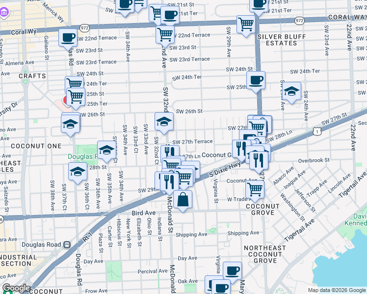 map of restaurants, bars, coffee shops, grocery stores, and more near 3101 Southwest 27th Lane in Miami