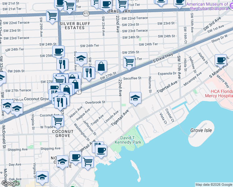map of restaurants, bars, coffee shops, grocery stores, and more near 2220 Tequesta Lane in Miami