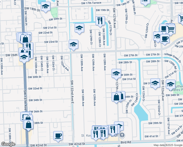 map of restaurants, bars, coffee shops, grocery stores, and more near 3000 Southwest 129th Avenue in Miami