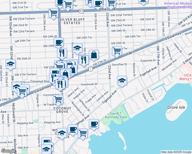 map of restaurants, bars, coffee shops, grocery stores, and more near 2300 Tequesta Lane in Miami