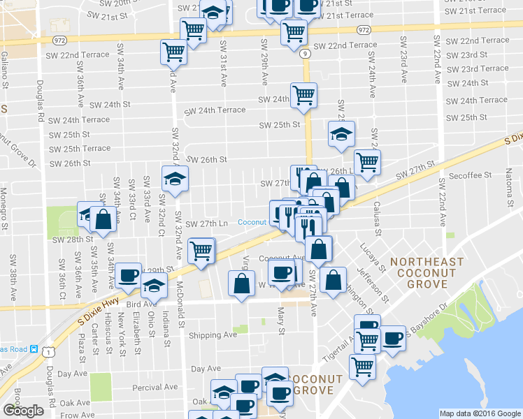 map of restaurants, bars, coffee shops, grocery stores, and more near 2923 Southwest 27th Lane in Miami
