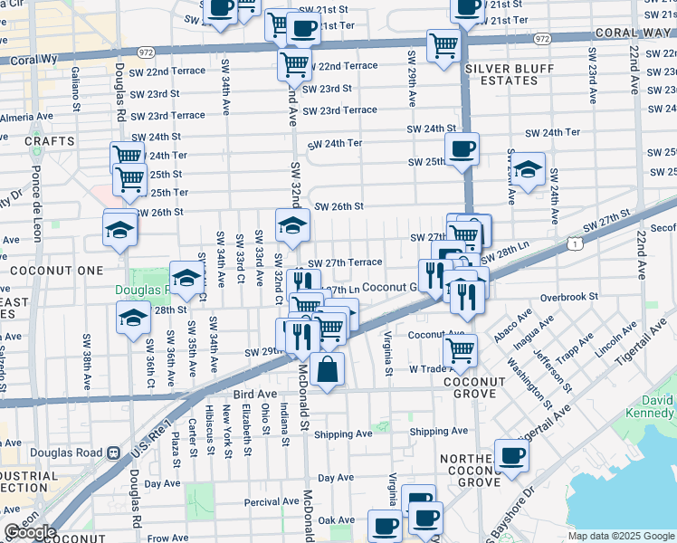 map of restaurants, bars, coffee shops, grocery stores, and more near 3101 Southwest 27th Lane in Miami
