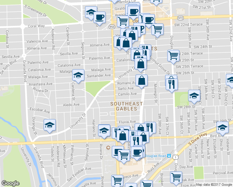 map of restaurants, bars, coffee shops, grocery stores, and more near 3409 South Le Jeune Road in Miami