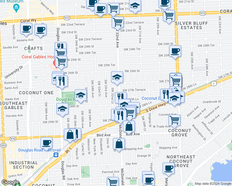 map of restaurants, bars, coffee shops, grocery stores, and more near 3210 Southwest 27th Terrace in Miami