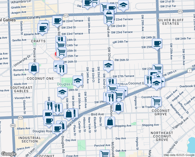 map of restaurants, bars, coffee shops, grocery stores, and more near 2773 Southwest 33rd Court in Miami