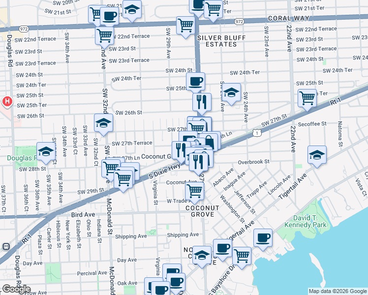 map of restaurants, bars, coffee shops, grocery stores, and more near 2750 Southwest 27th Terrace in Miami
