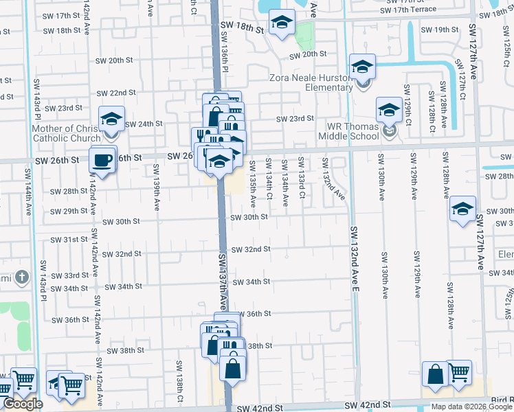 map of restaurants, bars, coffee shops, grocery stores, and more near 13473 Southwest 30th Street in Miami