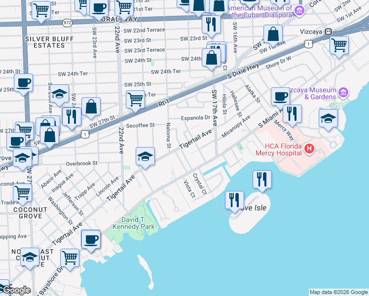map of restaurants, bars, coffee shops, grocery stores, and more near 3230 Crystal Court in Miami